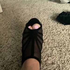 Women's sheer black open toe heel  in a sheer suede/nylon fabric.